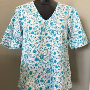 Draper James Blue and White Floral Blouse | Size XSMALL
